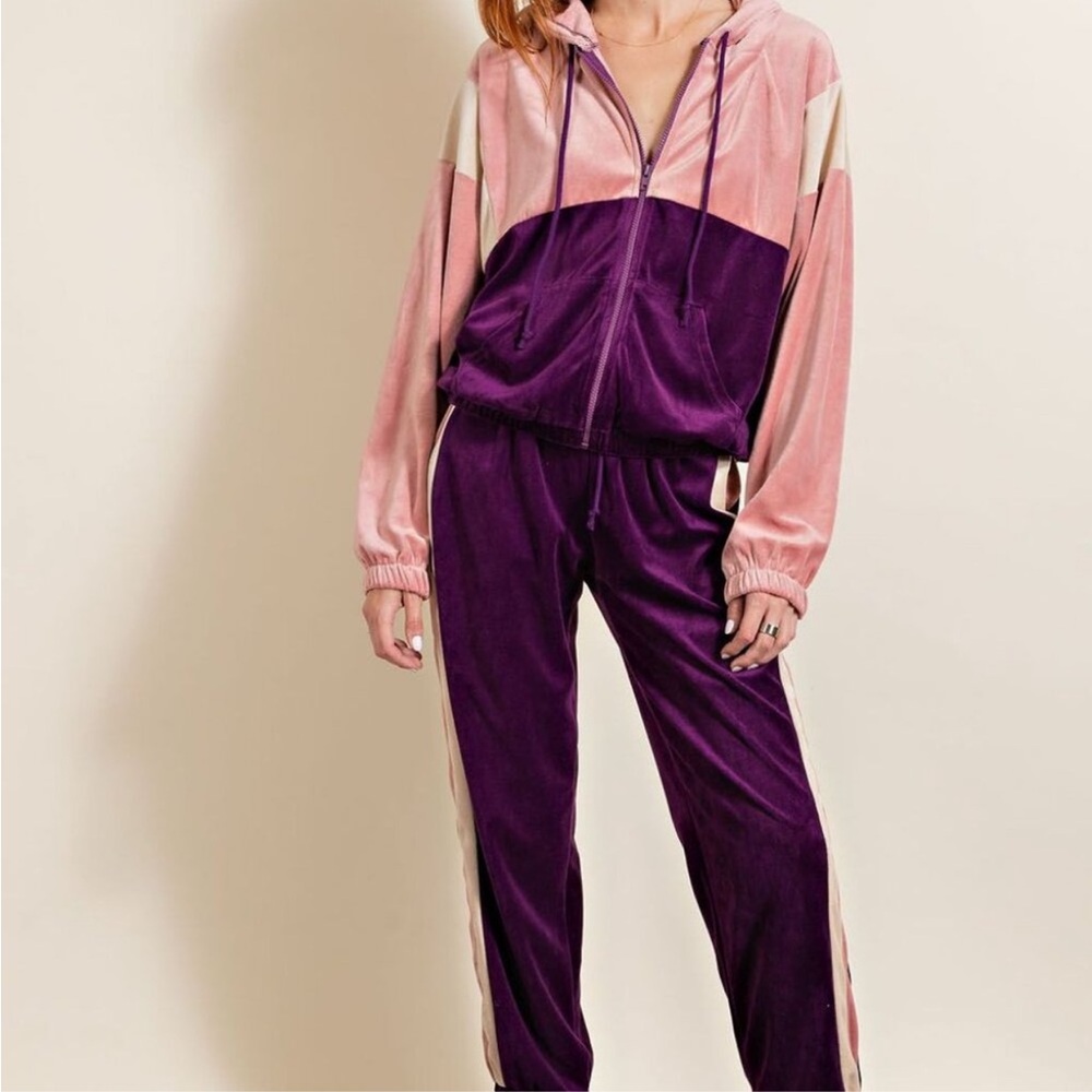 EASEL Velour Colorblock Track Pants & Jacket Set - Pink & Purple NWT Sz S